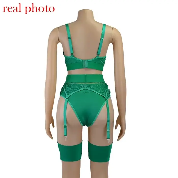 Zelená podprsenka spodní prádlo pro ženy erotické spodní prádlo krajka čelenka Bralette Sexy Push Up Lenceria 3 kusy set NM34