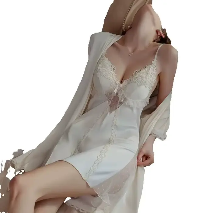 Pokušení Krajka Noční košile Sexy Žena Noční košile a šaty Set Relaxační oblečení Spodní prádlo Intimní hedvábí Satén Župan Noční prádlo Letní domácí oblečení