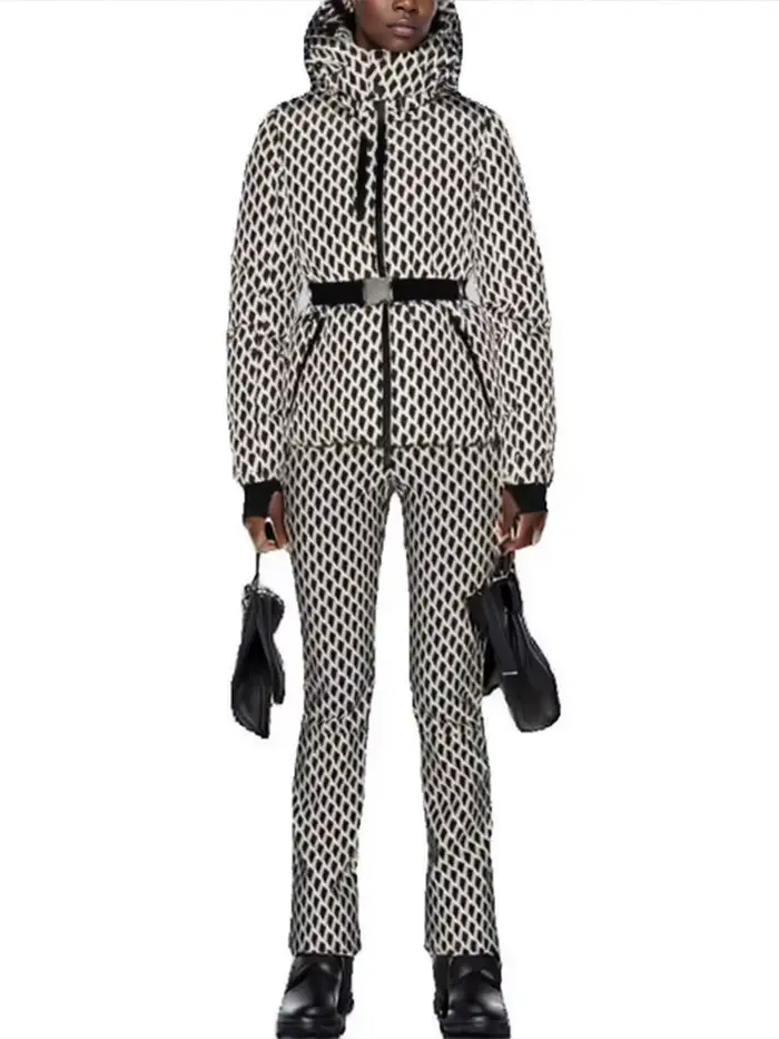 2025 femmes hiver à capuche rembourré Sport Parkas pantalon 2 pièces ensemble ceinture femme élégant