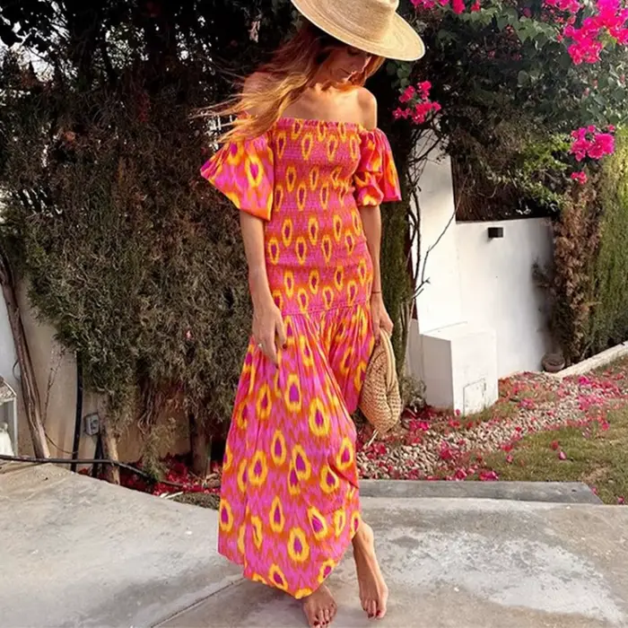 TEELYNN-Robe de plage à manches bouffantes pour femmes, vintage, boho, sexy, décontractée, longue, é