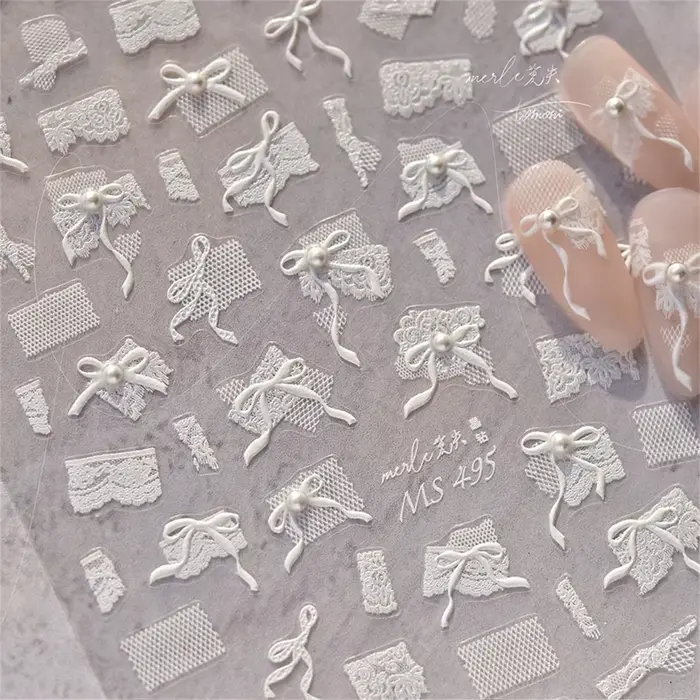 1 pièces 5D diamant japonais blanc dentelle arc Nail Art autocollants perle strass décoration des on