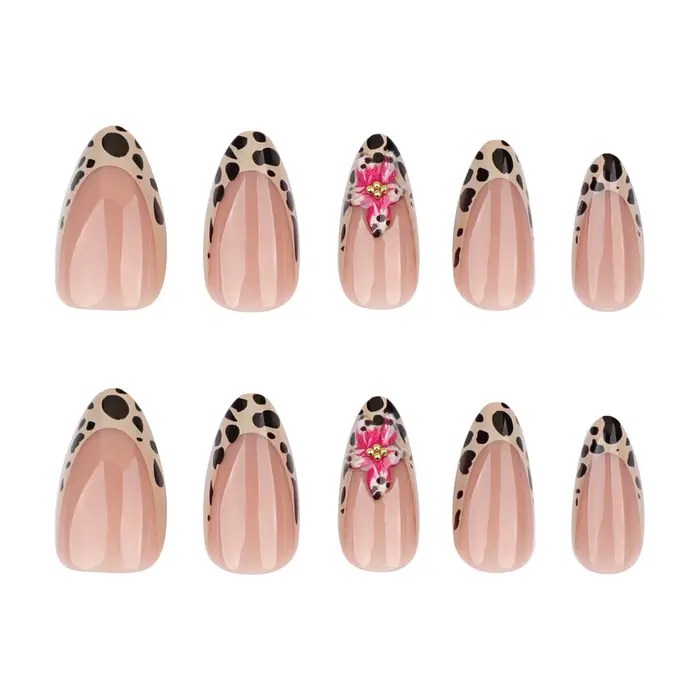 24 pièces marron français imprimé léopard presse sur ongles stéréo rose fleur conçoit automne faux o