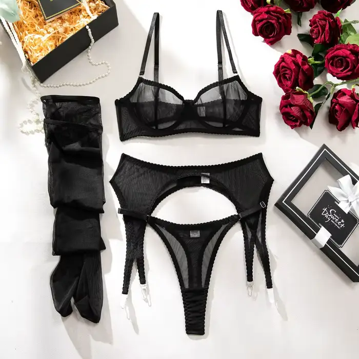 Lingerie érotique, ensembles de lingerie pour femmes avec bas, maille fine transparente, patchwork, 