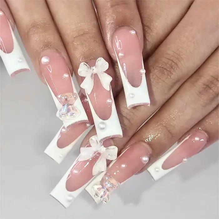 Nail French Pipe Stereo Bear Bow, Fake Pearl Manucure N64.