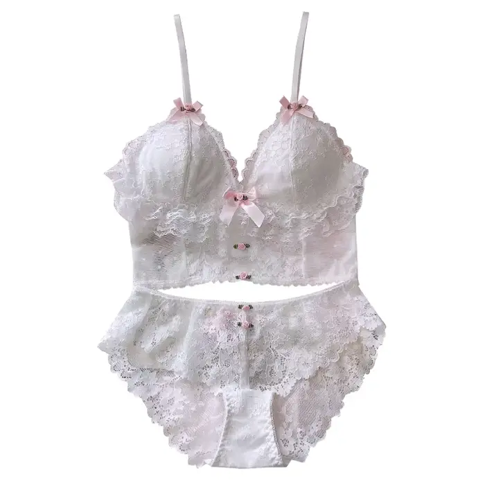 Ensemble soutien-gorge et culotte français pour femmes, lingerie Lolita, sous-vêtements pour filles, rétro, mince, mignon, dentelle blanche, sans fil, soutien-gorge transparent