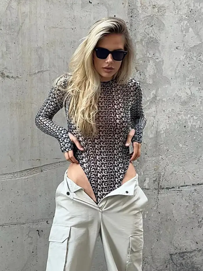Sexy Body s dlouhými rukávy Jednodílný Bustier Přiléhavý střih Topy Korzet pro ženy Y2k oblečení Kulatý výstřih Dámské prádlo Streetwear