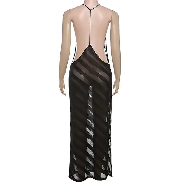 Maille voir à travers Sexy licou fête Club Maxi robe fendue tenues femmes été sans manches dos nu mo