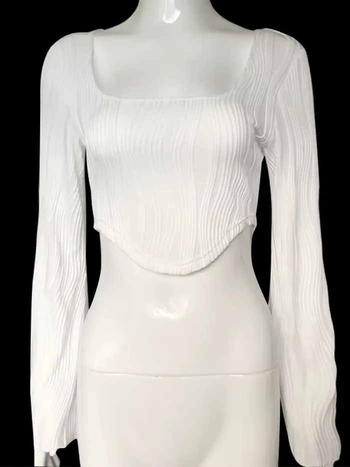 Manches longues femmes texturé culture hauts mode encolure dégagée Hanky ourlet couleur unie court c