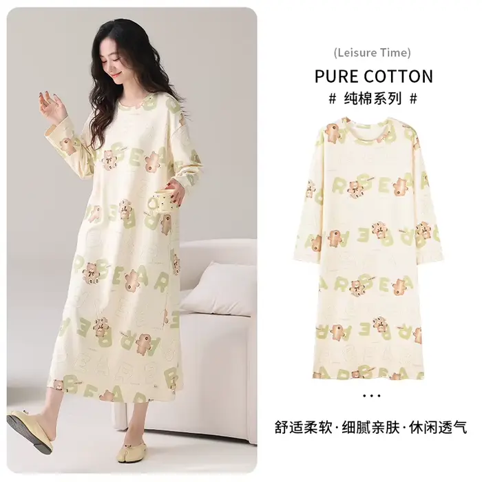 Nouvelle Robe de Nuit Femme 100% Coton, Vêtement de Nuit Mignon à Motifs de Dessins Animés