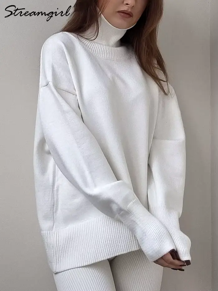 Pull à col roulé en tricot pour femme, haut chaud pour femme, pulls blancs, décontracté, automne, hi