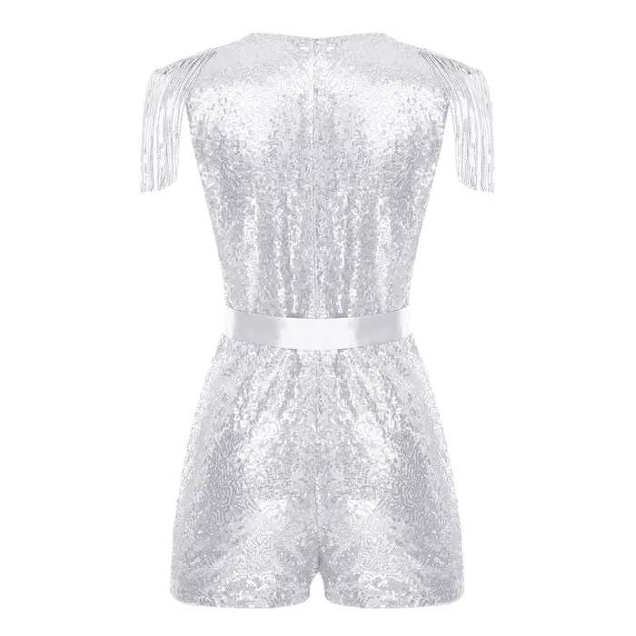 Barboteuse à paillettes et pompons pour femmes, combinaison chaude, col en v, sans manches, scintill