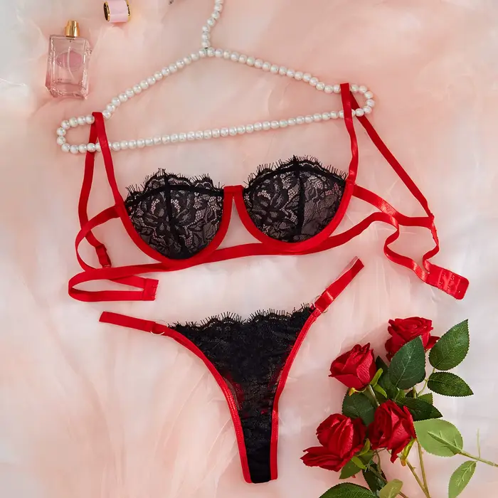 Sexy krajková průhledná horká pornokrajka erotické spodní prádlo set podprsenka a podvazkový pás