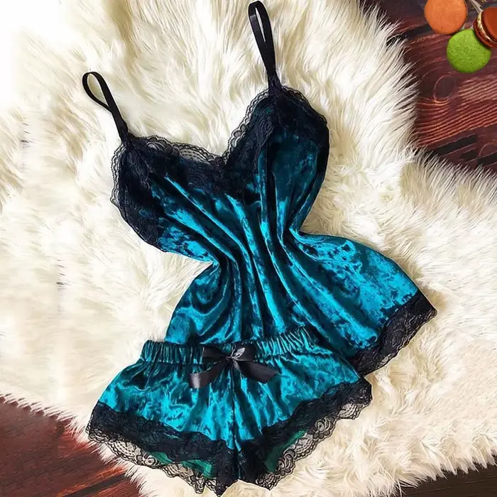 Pyjama d'été en velours pour femmes sexy sans manches avec nœud et garniture en dentelle haut caraco ensemble lingerie pour occasions spéciales nuit de lune de miel soirée lingerie