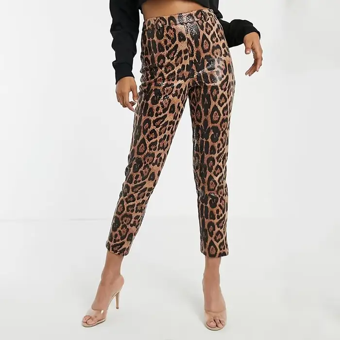 Leggings en similicuir PU imprimé léopard pour femmes, collants extensibles vintage, taille haute, s