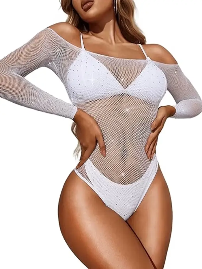 Body en dentelle pour femme, moulant, sexy, basique, ajouré, à manches longues en résille, lingerie ornée de diamants