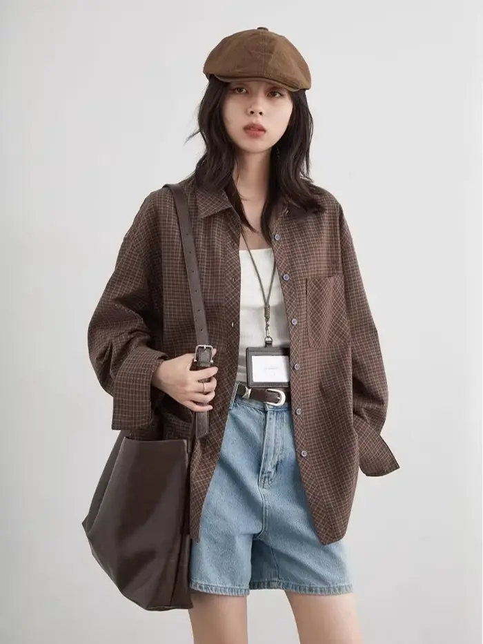 CHIC VEN femmes chemise ample décontracté simple boutonnage nouveau rétro contraste Plaid brodé Blou