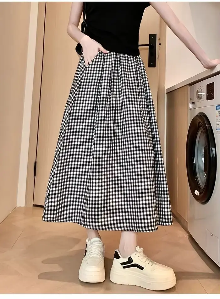 Jupe trapèze à carreaux noir et blanc pour femmes, légère, taille haute, longue, pour Petite, aminci
