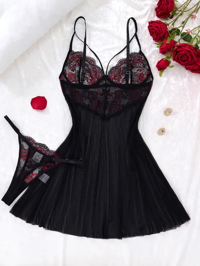 černá bez ramínek krajka sexy noční košile pro ženy, transparentní krajka noční košile, květinový vzor s průhlednými popruhy ZA825133