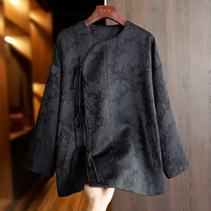 Veste chemise Jacquard de Style chinois à la mode pour femmes, haut col rond, manches longues, boucl