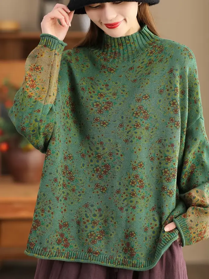 Amax luluE 2024 hiver mode col roulé chandails femmes classique lâche pulls floraux femmes Vintage l