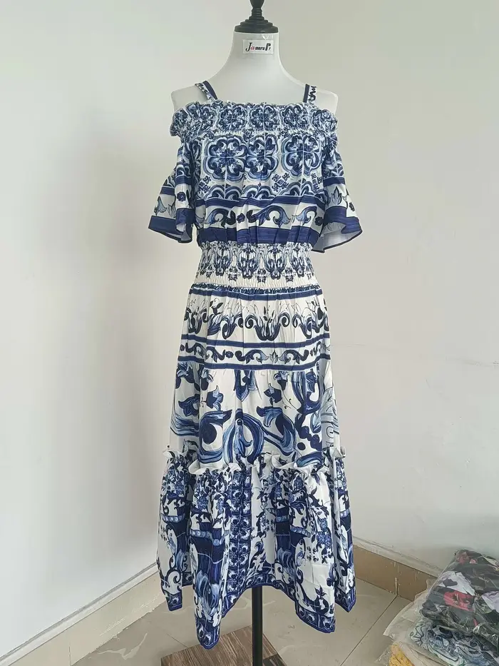 Robe mi-longue en coton bleu et blanc avec imprimé porcelaine pour femme, robe de créateur de piste