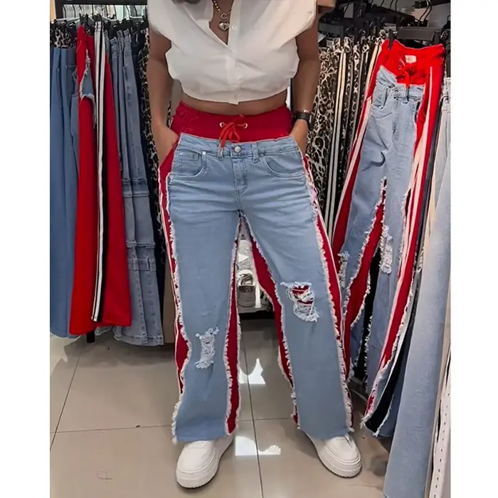 Jean déchiré taille haute pour femmes, pantalon Patchwork en détresse contrasté, Streetwear, jambes 