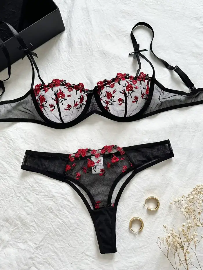 Femmes lingrie nuit belle Sexy femmes 2 pièces broderie florale sous-vêtements érotique lingerie ens