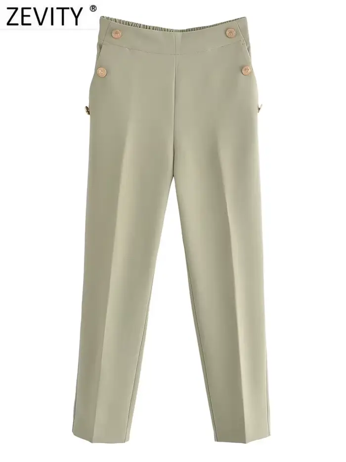 Zevity-Pantalon Crayon Décontracté pour Femme, Mode, Solide, Document, lèvent Dorés, Chic, Longueur 