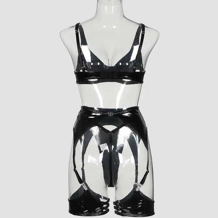 Soutien-gorge en cuir PU pour femme, Lingerie Sexy, sous-vêtements sensuels, Latex non censuré, Push Up, tenues exotiques avec tongs à jarretelles