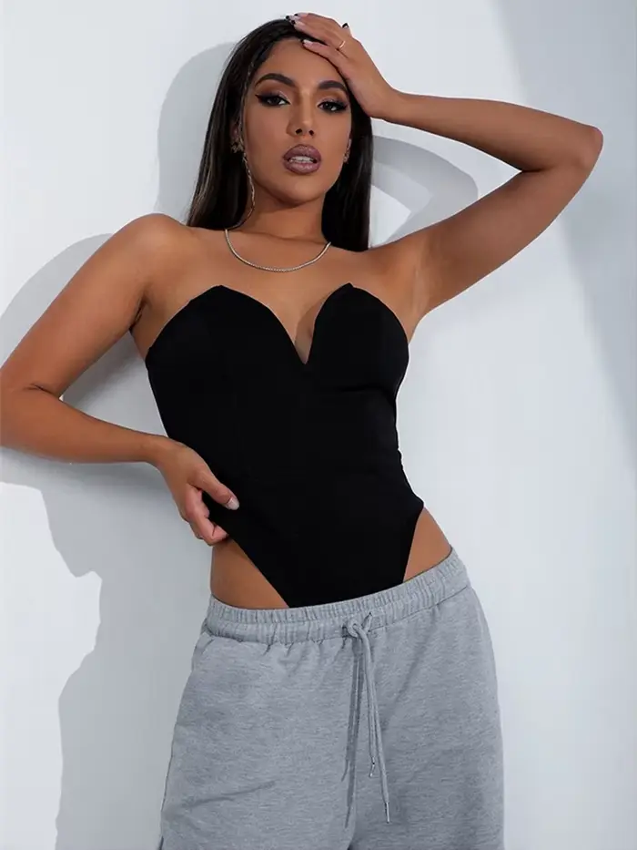 HBLL Zábal na hrudi Bez ramínek Samet Sexy Body Suit Ženy Bez zadku Bod V Neck Club Party Noční Bodysuit