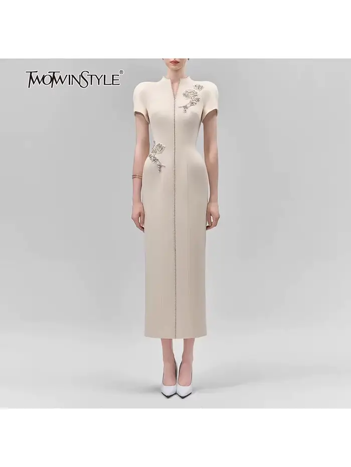 Robe amincissante TWOTWINSTYLE pour femme, col montant, manches courtes, patchwork brodé, ornée de d