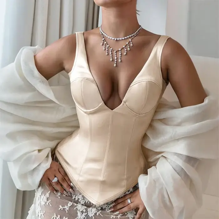 Débardeur Femme en Satin Champagne, Col en V, Style Corset, Sexy, Sans Manches, Dos Nu, Coupe Ajustée, Élégant, Décontracté, pour l'Été
