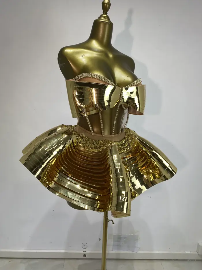 Disco tanečnice kostýmy, Bustier zrcadlo pozlacené, horní korzet a Mini nafouknutá sukně, 2 kusy, večerní oblečení Sexy Ses Y2k