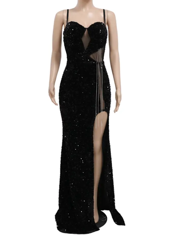 Robe longue noire transparente à sequins sexy pour femme, collection été 2026 – Élégante robe de soi