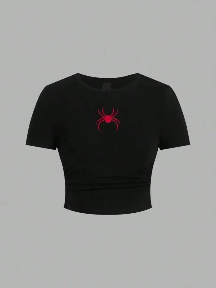 Haut court imprimé araignée rouge Simple, T-Shirt ajusté pour femmes, mode de rue, confortable, doux