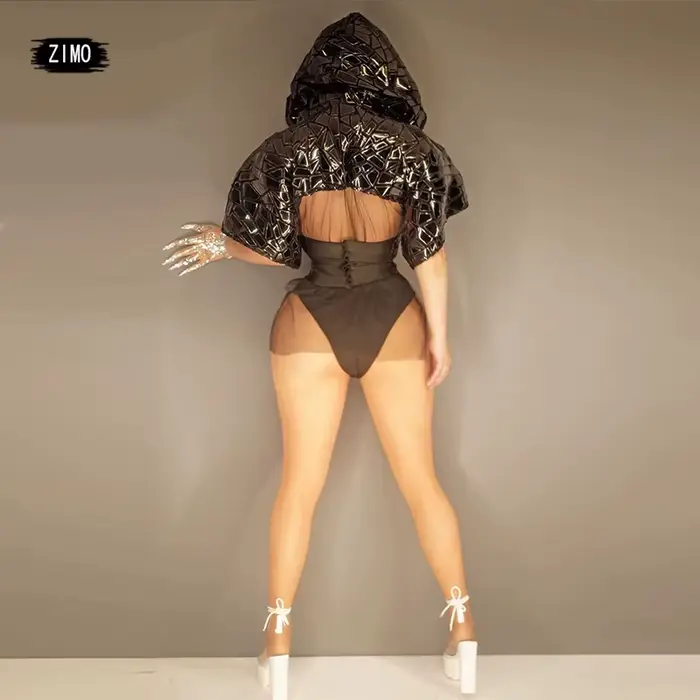 Costume de Scène GOGO Sexy à Paillettes Noires pour Femme, Tenue de Spectacle en Équipe de brev, Vêtements de Pole Transparents