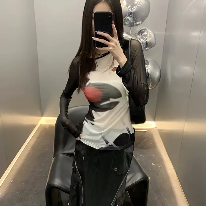 T-shirt en maille Karrcat cyber-y2k, hauts imprimés Grunge esthétique japonais Harajuku, teinture pa