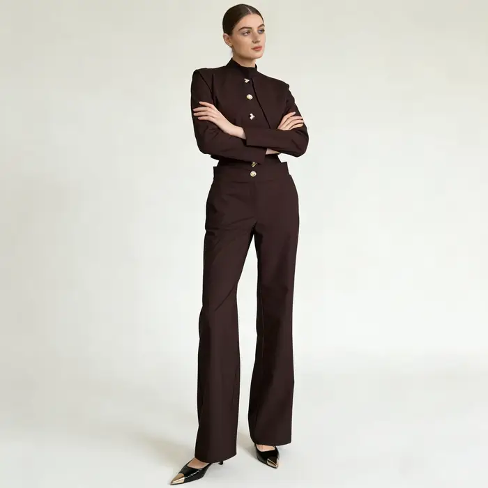 Haut court boutonné à col montant LIMO + pantalon large taille haute, ensemble élégant 2 pièces pour