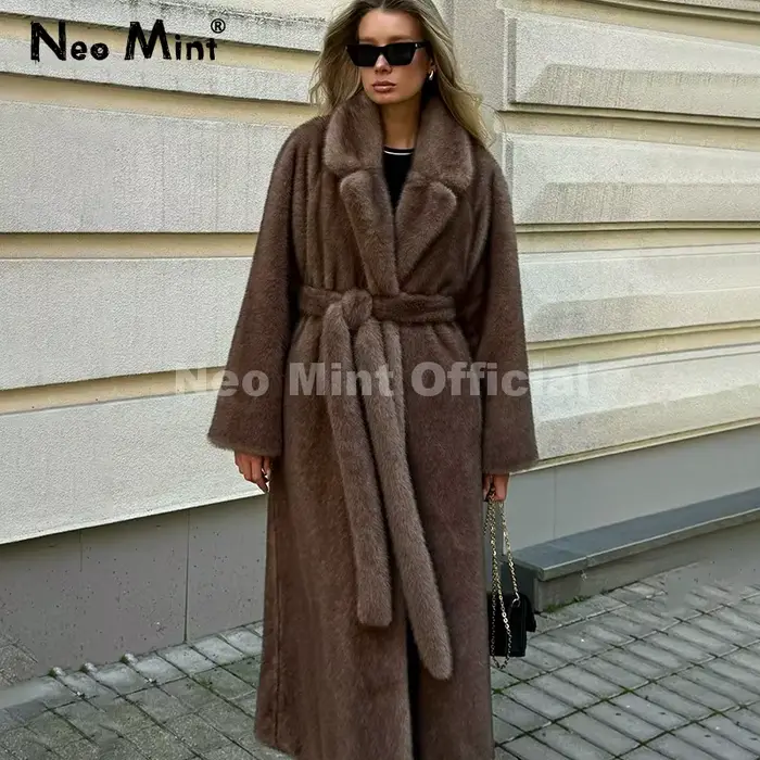 Neo Mint ceinturé fausse fourrure de vison manteau femmes 2025 hiver Beige dégradé fourrure veste de