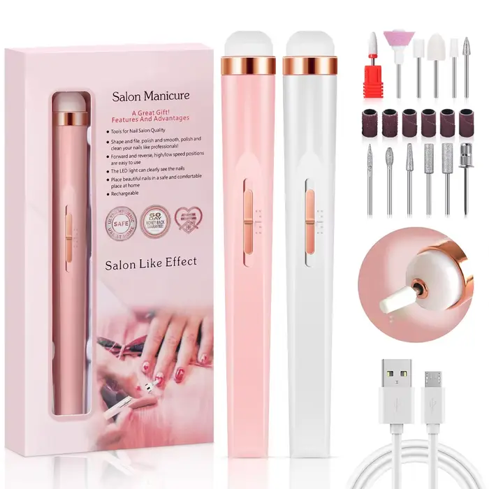 YIKOOLIN-Ensemble de limes à ongles portables, lumière LED réglable, 4 vitesses avec 12 mèches de fo