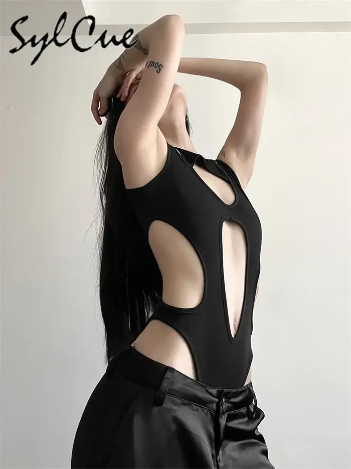 Sylcue noir mystérieux Sexy discothèque chaude creux tout-Match Cool personnalité à la mode Mature b