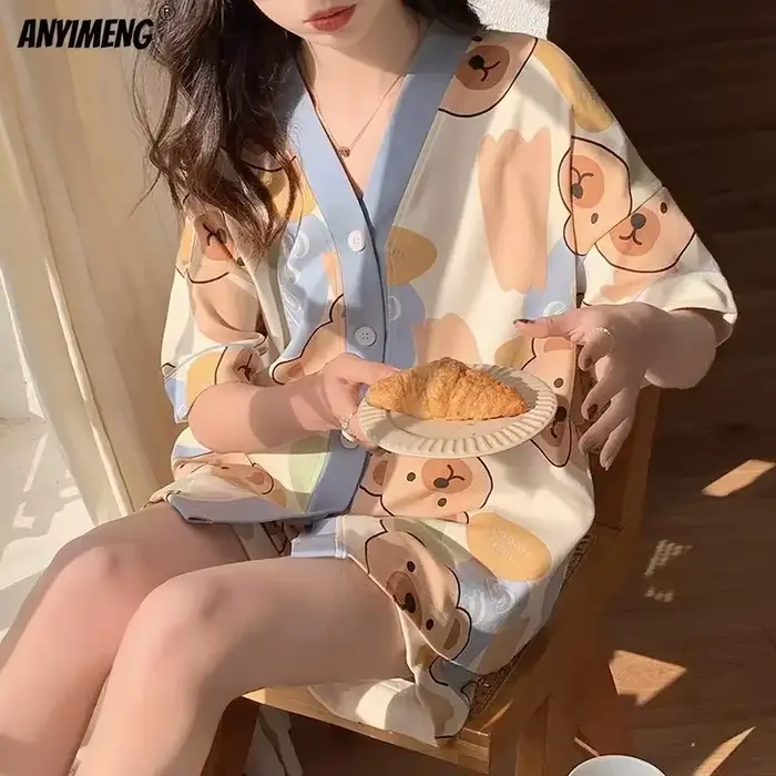 korejský dámský pyžamový set, letní relaxační oblečení, dívčí oblečení na spaní, měkké klopové pyžamo, potisk Kawaii medvěd, japonský, temperovaný dům