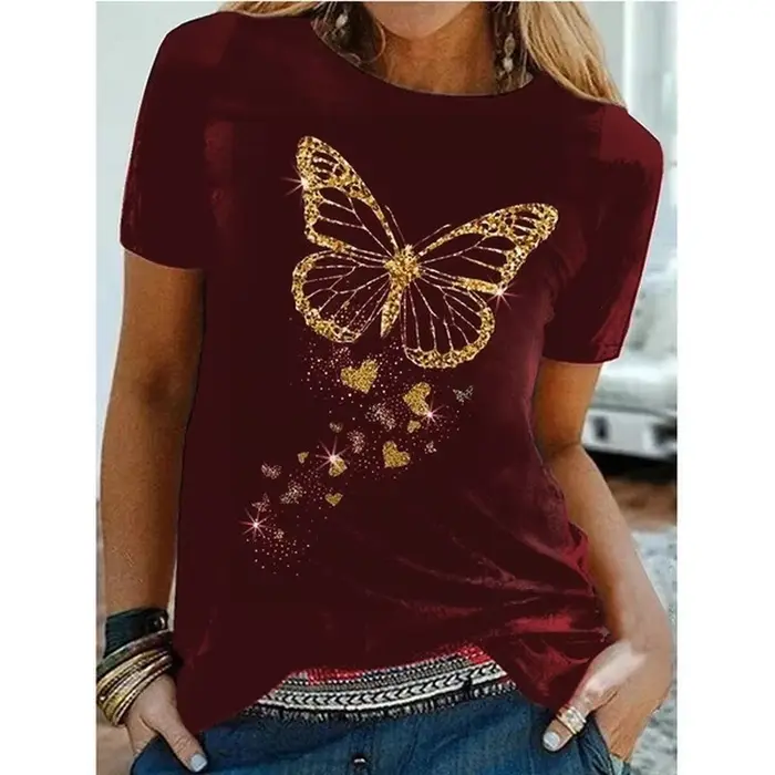 Papillon doré imprimé femmes t-shirt à manches courtes col rond femmes t-shirt dames t-shirt hauts v