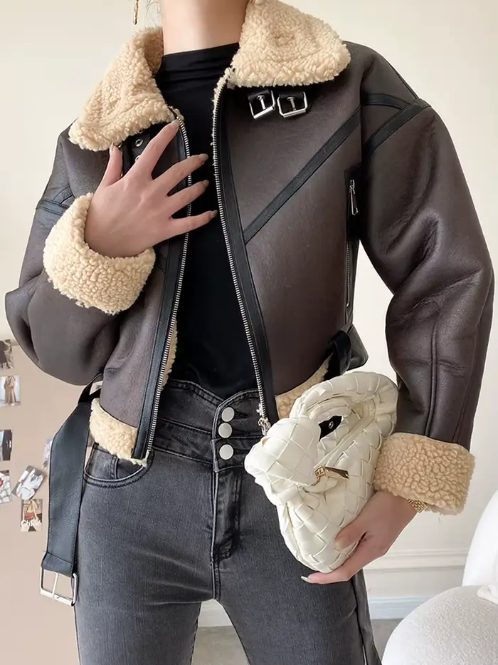 Ailegogo en Fausse Fourrure d'Agneau pour Femme, Streetwear Rétro, Veste avec Ceinture à Fermeture É