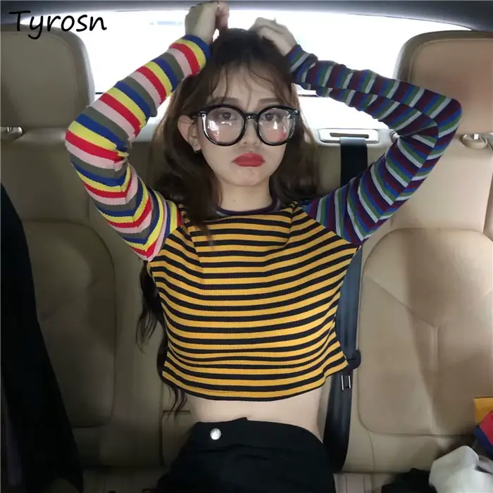 T-shirt pour femmes, Slim, Sexy, rayé, rétro, passe-partout, personnalité douce, Style coréen, pour 