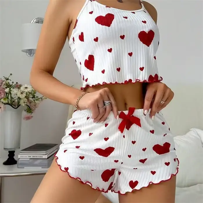 Dámská pyžamová sada, 5 velikostí na výběr, S M L XL 2XL, ramínko, oblečení na spaní, vesta + šortky, červený srdeční potisk, Sexy spodní prádlo