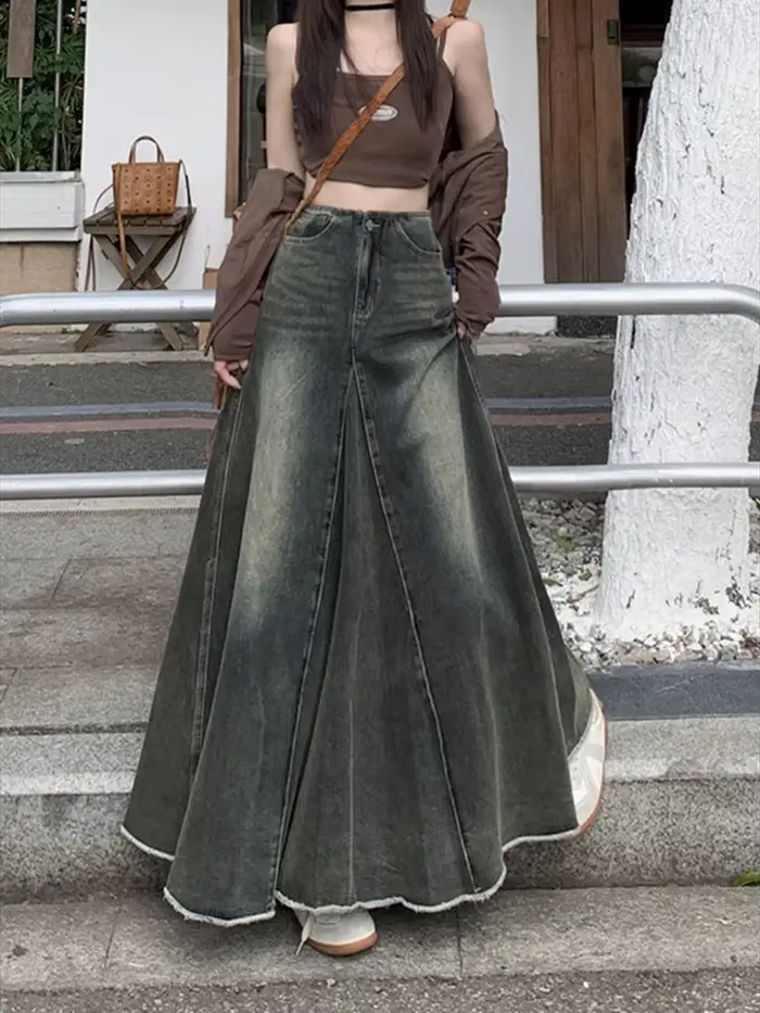 Jupe en jean plissée à volants taille haute pour femmes, jupes longues maxi pour femmes, jupe en jea