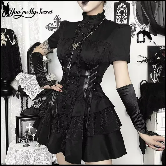 [You're My Secret] Robe Courte Noire d'Halloween pour Femme, Corset Gothique Noir, Robe Lolita Punk Vintage Vampire Duke, Été 2026