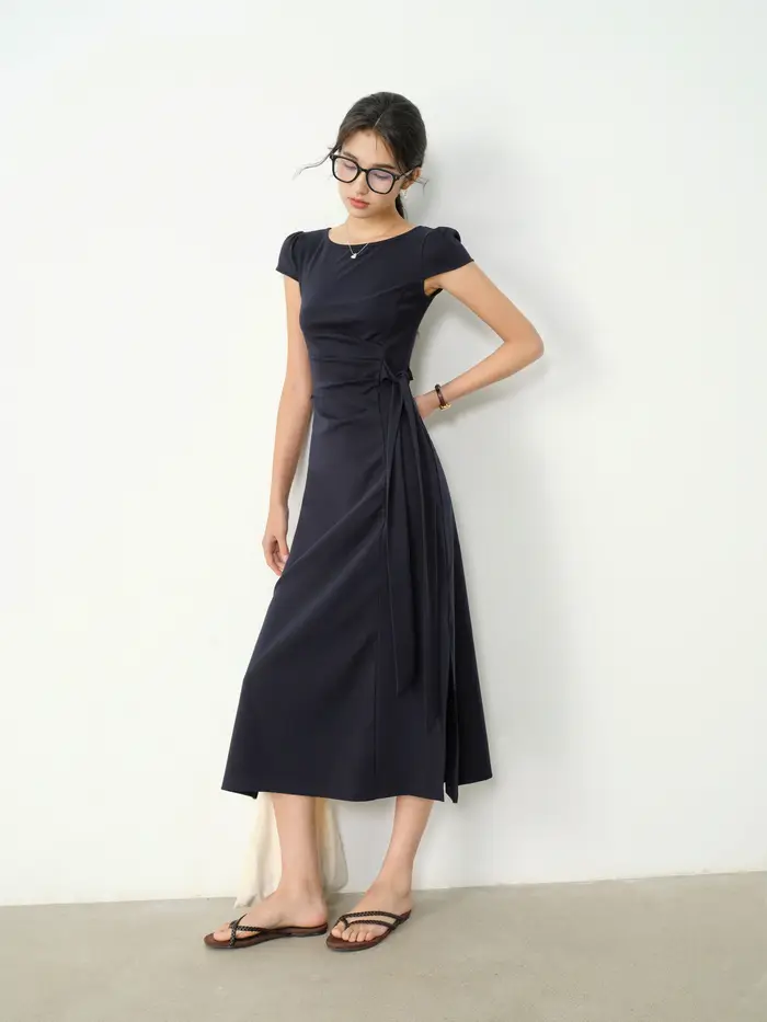 Robe mi-longue française élégante, Vintage, col carré, manches longues, coupe cintrée, cravate à la 
