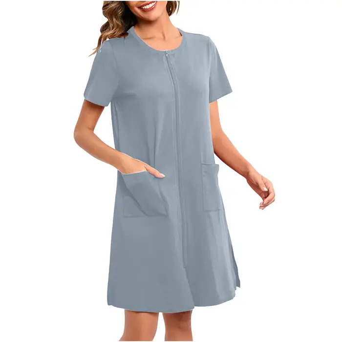 Chemise de nuit zippée sur le devant pour femmes, chemise de nuit à manches courtes, col rond, robe de pyjama courte avec poches, vêtements de nuit At Fit, 2024